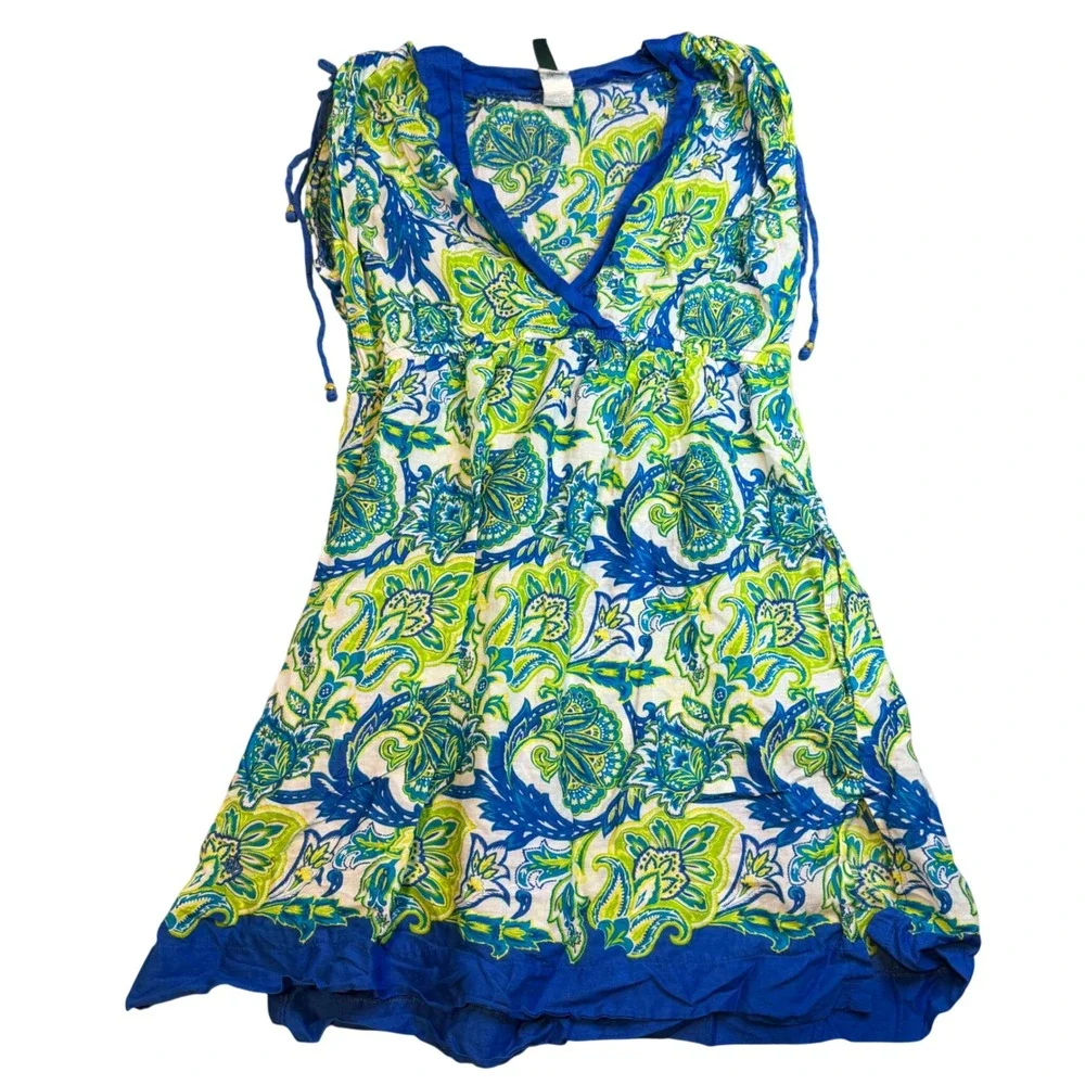 Lauren Ralph‎ Lauren Blue Green Paisley Cotton Empire Waist V-Neck Dress Small